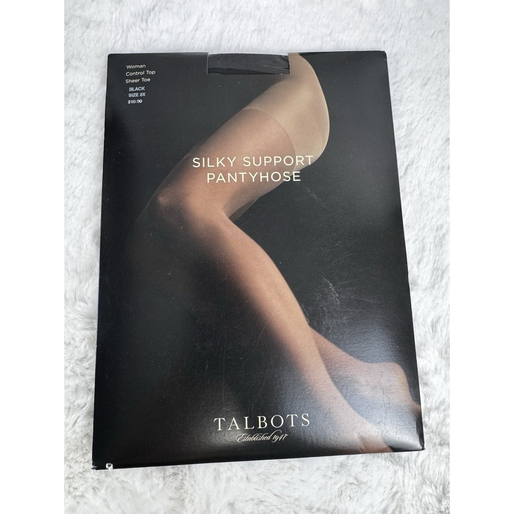 New Talbots Silky Support Pantyhose Black Control Top Sheer Toe Size 2X